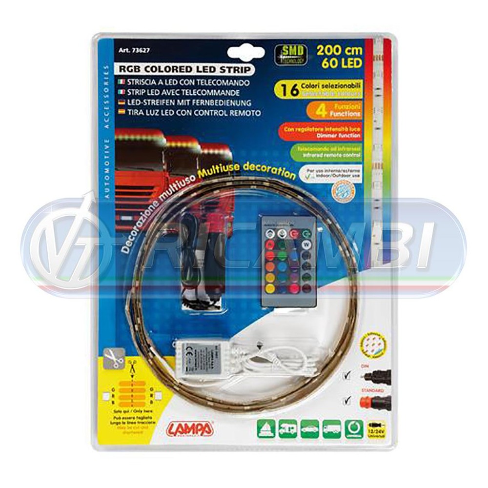 1 - LAMPADA LED A STRISCIA 12/24V 60 LED 16 COLORI L. 200 CM C/ TELECOMANDO